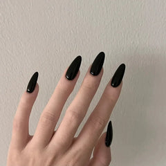 24Pcs Black French Simple Gradient Nail Art Set with Glue Mid-length Almond Fake Nails Wearable Fashion Glossy Acrylic Nail Tips
