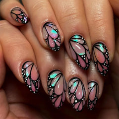 24Pcs Short Oval Rhinestone Spice Girl False Nails Full Cover Gold Powder Butterfly Ripple Pattern Wearable Green Nail Patch Set