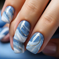24Pcs Fashion Gradient Blue Fake Nail with Jelly Glue Wearable Short Square Head False Nails Finished Nail Tips Press on Nails