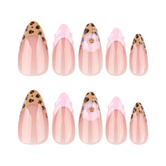 24pcs Leopard Print French False Nails Pink Flower Decor Press on Nails Wearable Reusable Sweet Cool Almond Fake Nail Tips