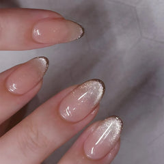 24Pcs Blush Pink Shining Cat's Eye Short Round Head Press on False Nails with Simple Design Almond French Manicure Nail Tips Set