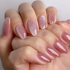 24Pcs Blush Pink Shining Cat's Eye Short Round Head Press on False Nails with Simple Design Almond French Manicure Nail Tips Set