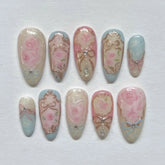 24pcs Sweet Rose Pattern False Nails Ins Korean Girl Fake Nails Tips Wearable Detachable Sweet Cool Almond Press on Nails