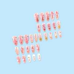 24pcs Sweet Pink Flower Press on Nails Ins Pink Blush Almond False Nails Wearable Reusable Fashion Korean Fake Nails for Women