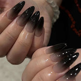 24Pcs Black French Simple Gradient Nail Art Set with Glue Mid-length Almond Fake Nails Wearable Fashion Glossy Acrylic Nail Tips