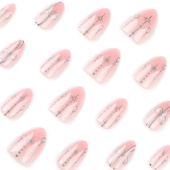 24pcs Short Almond Press on Nails Bohemia Bow Print Sweet Pink False Nail Tips Wearable Reusable Summer Simple French Fake Nails