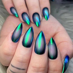 24Pcs 3D Cat-eye Dark Blue Design False Nails with Irregular Lines Spice Girl Detachable Nail Tips Short Oval Nails Set Press On