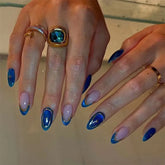 24Pcs 3D Cat-eye Dark Blue Design False Nails with Irregular Lines Spice Girl Detachable Nail Tips Short Oval Nails Set Press On