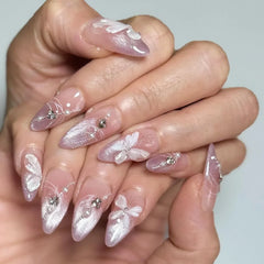 10Pcs White French Fake Nail with Glue Almond Press on False Naills Pink 3D Bow Camellia Design Nails Art Wearable Manicure Tips