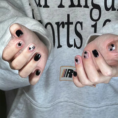 24Pcs Dark Black Stars Cat's Eye Press on Nails Set Summer Cute Wearing Short Fake Nail Patch Detachable Finished Nail Tips Art