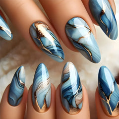 24Pcs Short Oval Rhinestone Spice Girl False Nails Full Cover Gold Powder Butterfly Ripple Pattern Wearable Green Nail Patch Set