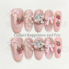 10Pcs Pink 3D Bow Design Oval Fingertips Glitter Cat Eye Mid-length Almond Press on False Nails Cute Love Princess Waerable Nail