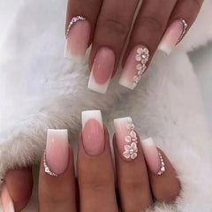 24Pcs Mid-length French False Nail with Diamond Gradient Square Press on Nails Flower Design Fake Nail Wearable Manicure Tools
