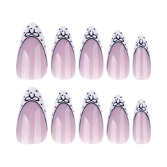 24pcs Short Almond Press on Nails French Black Bow Dot Print False Nails Wearable Reusable Spicy Girl Korean Fake Nails