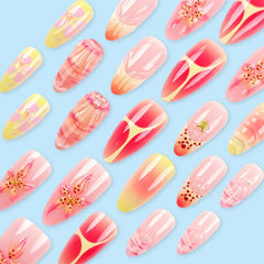 24pcs Summer Almond Press on Nails Ins Simple Flower Shell Decor French False Nails Wearable Reusable Fake Nails for Women Girl