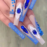 24Pcs Glitter Long Coffin French False Nails with Blue Rhinestone Design Removable Wearable Ballet Press on Nails Manicure