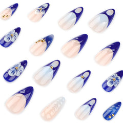 24pcs 3D Flower Design Press on Nails Blue French Almond False Nail Tips for Women Wearable Reusable European Fashion Fake Nails