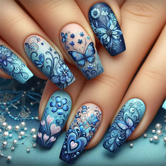 24pcs/set Medium Long fake nails for Spring summer beautiful flowers mushroom bees cute almond square tips press on false nails