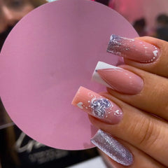 24pcs/set short Medium fake nails square ballet almond nail tips pink beautiful heart for Valentine's Day press on false nails