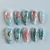 24pcs Ins Almond Press on Nails Gothic Sliver Metal Line y2k Fake Nails Detachable Wearable Sweet Cool Spicy Girl False Nails