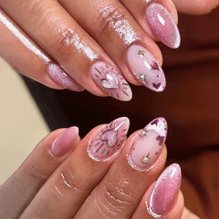 24pcs Cute Love Press on Nails Shiny French Pink Cat Eye Fake Nail Tips Full Cover Wearable Korean Style Almond False Nails