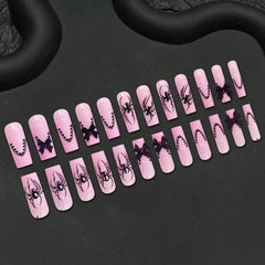 24pcs Halloween Gothic Fake Nail with Black Spider Bow Design False Nails European Long Coffin French Press on Nails Wearable