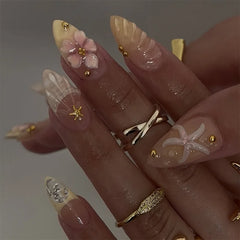 24Pcs 3D Shell Pattern Fake Nails with Starfish Gorgeous Pearl Flower Sweet Oval Nails Tips Reusable Short French Manicure Art