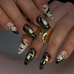 24pcs Black Bat Printed Fake Nails Halloween White Ghost Pattern False Nails for Women Wearable European Almond Press on Nails