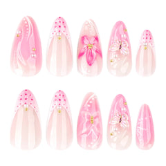 24pcs Sweet Pink Press on Nails 3D Butterfly Flowers Decor False Nail Tips Wearable Detachable Ins Korean Almond Fake Nails