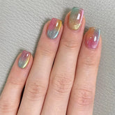 24Pcs Gradient Color Fake Nail Simple Short Ballet Wearable False Nails with Cat Eye Design Press on Nails Full Cover Nail Tips