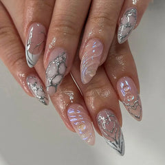 24pcs Blue Ocean Fake Nails Beach Shells Pearl Diamond Design False Nail Tips Korean Sweet Girls Wearable Almond Press on Nails
