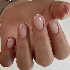 24Pcs Gradient Oval Fake Nails French Short Almond Glitter Nail Tips Art Pink Lovely Wearable Fashion Simple Nails Set Press On