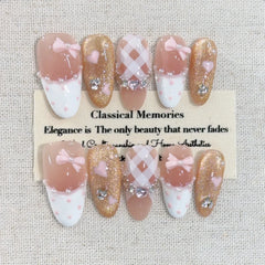 10Pcs Pink 3D Bow Design Oval Fingertips Glitter Cat Eye Mid-length Almond Press on False Nails Cute Love Princess Waerable Nail