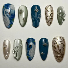24pcs Dark Blue Press on Nails Starnight Swan Print Sweet Cool False Nails for Girl Wearable Reusable Almond Fake Nail Tips