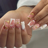 24pcs Short French Press on Nails with 3D Flower Design Fake Nail Tips Wearable Full Cover European Coffin Ballet Fake Nails