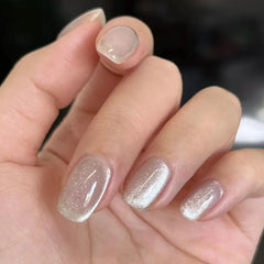 24Pcs French Shiny Cat Eye Fake Nail with Silver Edge Design Short Square Nails Wearable Finished Manicure Jelly Stick on Nails