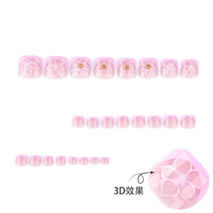 24pcs French False Toe Nails 3d Flowers Design Nail Art Press on Toenails Women Girl Wearable Ins Simple Square Fake Toenails