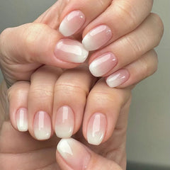 24Pcs Short Square Press on Fake Nails Simple Gradient White Nude Pink False Nails Wearable French Full Cover Nail Art Tips