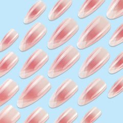 24pcs French Almond Fake Nail Sweet Pink White Gradient False Nail Tips for Lady Women Wearable Ins Simple Korean Press on Nails