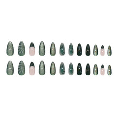 24pcs French Almond Press on Nails Retro Green Cat Eye Fake Nail Tips Detachable Wearable Sweet Cool Spice Girl False Nails