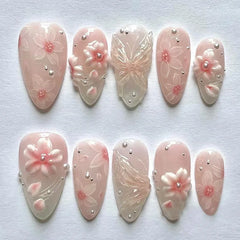 24pcs Pink Flower Press on Nails Ins Sweet Petals Print False Nails for Girl Wearable Reusable Fashion Almond Fake Nail Tips