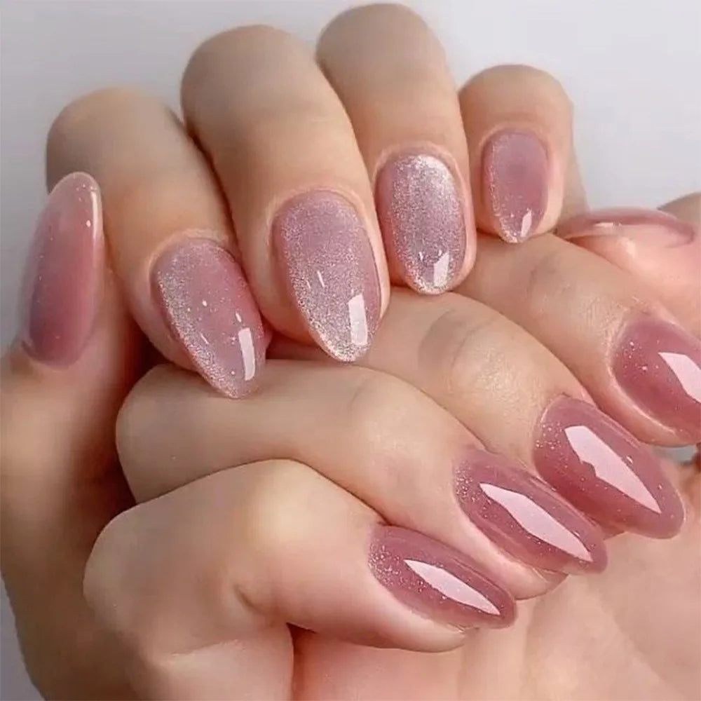 24Pcs Blush Pink Shining Cat's Eye Short Round Head Press on False Nails with Simple Design Almond French Manicure Nail Tips Set