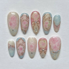 24pcs Sweet Rose Pattern False Nails Ins Korean Girl Fake Nails Tips Wearable Detachable Sweet Cool Almond Press on Nails