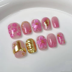10Pcs Floral Pink Blue Gradient Design Manicure Sweet 3D Flowers Short False Nails Set Detachable Ballerina Full Cover Press Ons