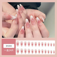 24pcs French Almond Fake Nail Sweet Pink White Gradient False Nail Tips for Lady Women Wearable Ins Simple Korean Press on Nails