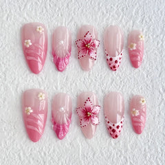 10Pcs Mid-length Almond with Polka Dot Flower False Nails White 3D Little Floral Decoration French Acrylic Nails Pink Manicure