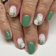 24Pcs Colorful French Press on Fake Nails with Glue Short Square Nail Art Tips Flower Design Wearable Full Cover False Nails