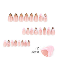 24pcs Leopard Print French False Nails Pink Flower Decor Press on Nails Wearable Reusable Sweet Cool Almond Fake Nail Tips