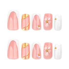24pcs Short French Press on Nails with 3D Flower Design Fake Nail Tips Wearable Full Cover European Coffin Ballet Fake Nails