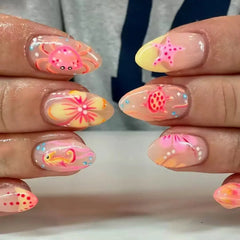24pcs Summer Ocean False Nails Shark Starfish Pattern Fake Nails Tips Wearable Detachable Spice Girl Almond Press on Nails
